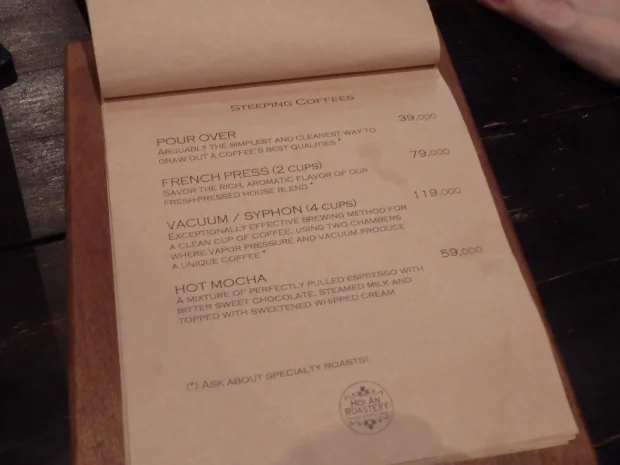 ベトナム・ホイアンの美味しいおすすめカフェ・HOI AN ROASTERY's MENU（メニュー・価格付）