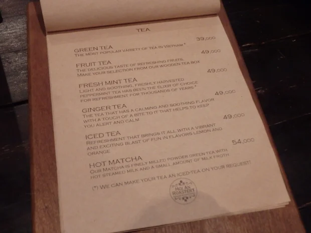 ベトナム・ホイアンの美味しいおすすめカフェ・HOI AN ROASTERY's MENU（メニュー・価格付）
