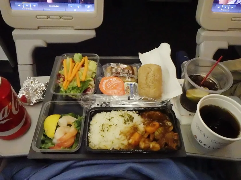 [片道1万円！？激安サンフランシスコ旅行記62] デルタ航空 DL007便(B777)の機内の様子と機内食・搭乗記レビュー。
