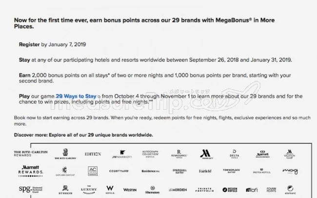 【マリオット / SPG】統合後初のメガボーナスキャンペーン「Mega Bonus In More Places」開始！登録方法も。
