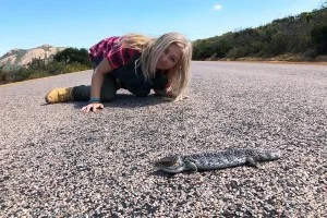 [野生のカンガルーがいる世界一のビーチを目指して！西オーストラリア・ロングドライブ旅行記105] ヤバい！まさか！こんなところで「ツチノコ」発見！？